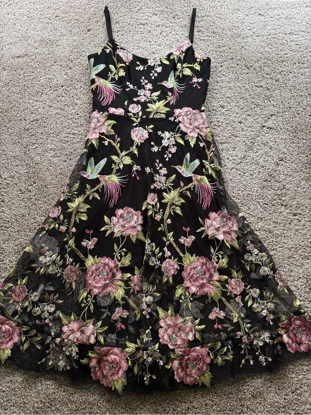 Dress the Population Black Floral Mesh Midi Dress with Pink and Green Embroidery